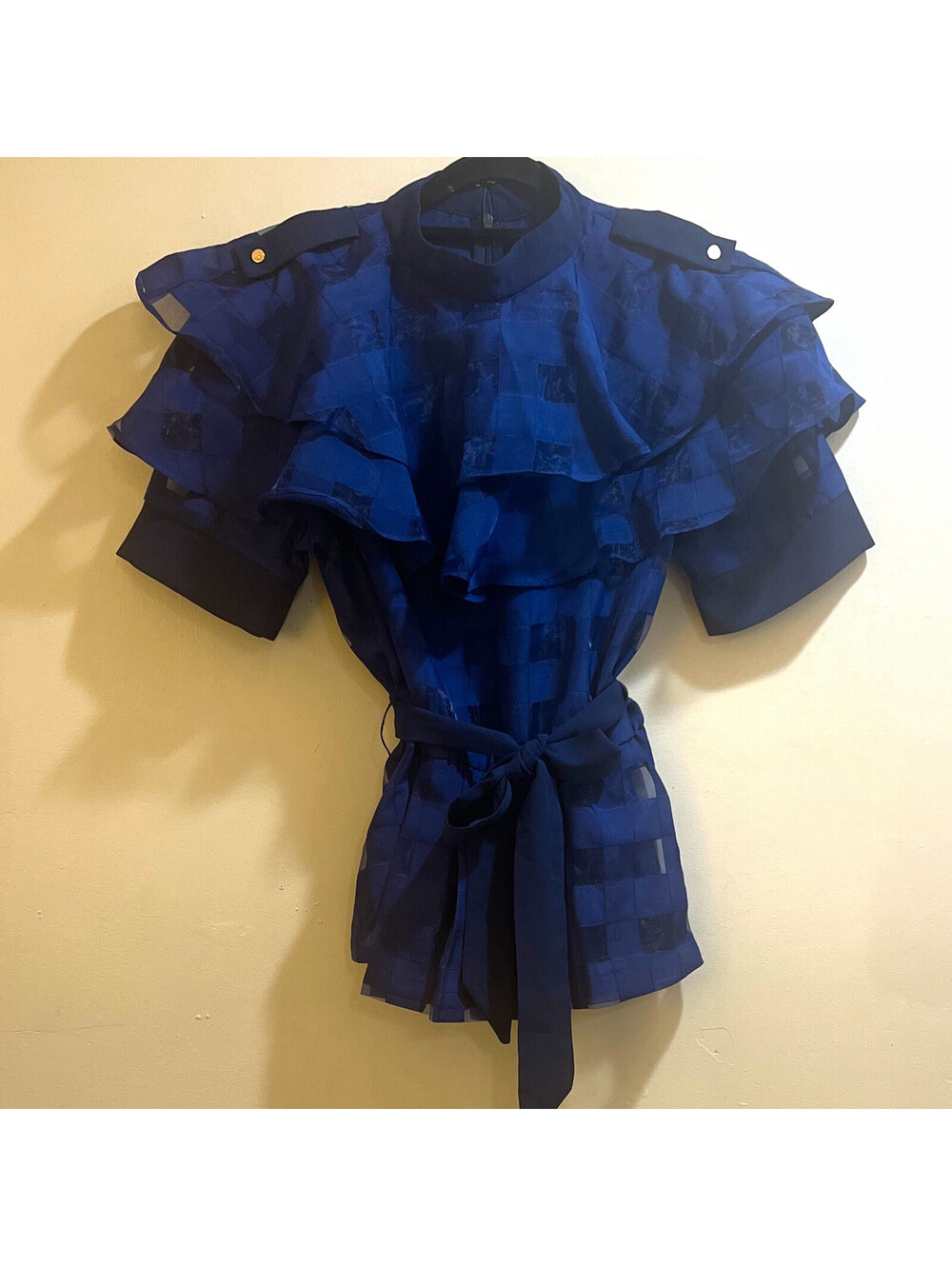 Gracia Women’s S Blue/Black Check Mock Neck Short Sleeve Ruffle Chiffon Blouse
